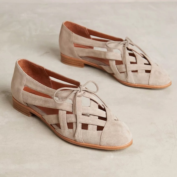 EUC Jeffrey Campbell Anthropologie Canela Woven Oxfords Tie Front Beige Size 9 - Picture 1 of 12